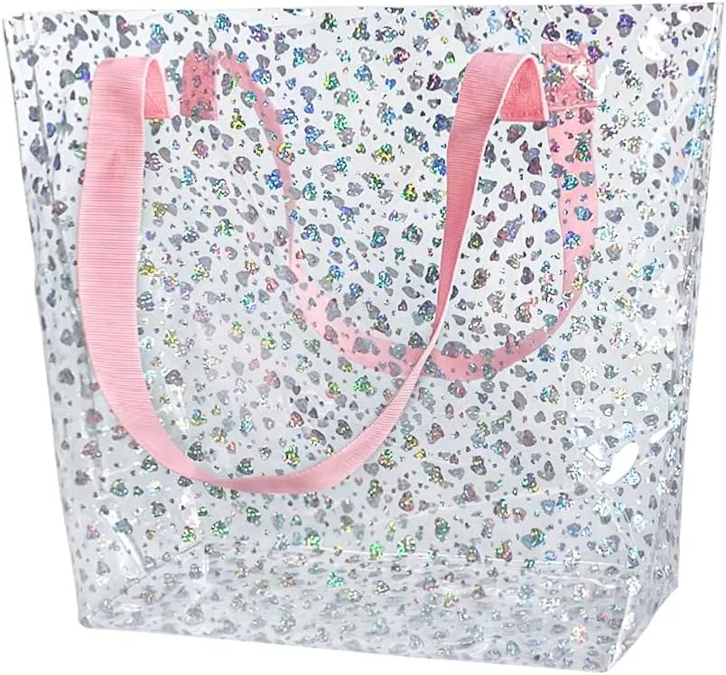 ONEART 2 Pieces Hot pink Clear Tote Bags, Waterproof Seethrough Bag Vinyl Handle Bag, Transparent Tote Bag for Women