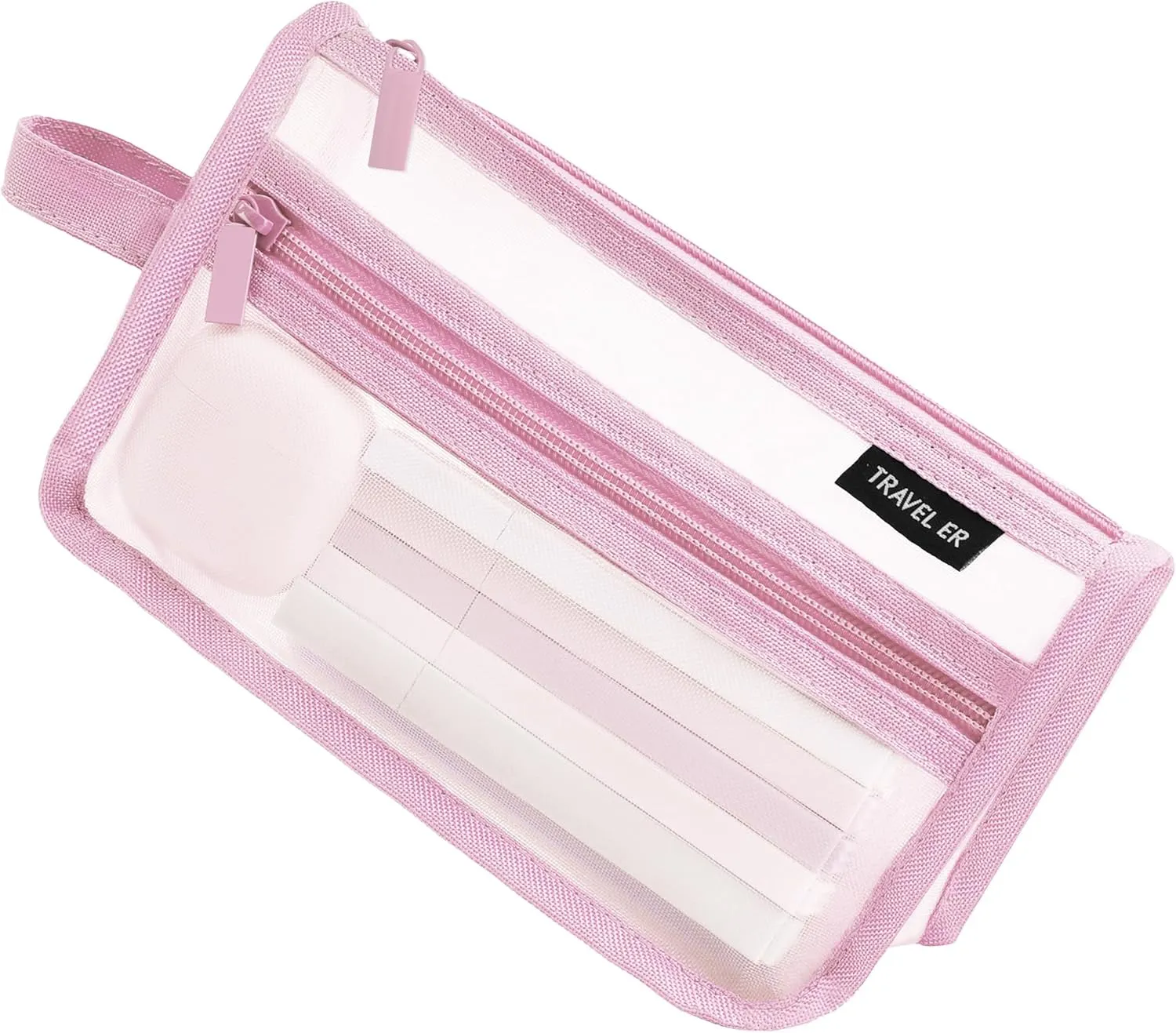 Pencil Case, Grid Mesh Pencil Pouch, Large Capacity Pink Pencil Bag, Clear Pencil Case with Handle and Zipper, 2-Layer Pen Case Aestheic Stationary Organizer Bag for Office Back to School Supplies