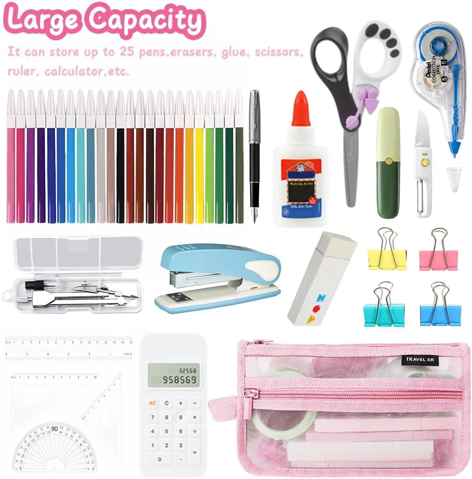 Pencil Case, Grid Mesh Pencil Pouch, Large Capacity Pink Pencil Bag, Clear Pencil Case with Handle and Zipper, 2-Layer Pen Case Aestheic Stationary Organizer Bag for Office Back to School Supplies