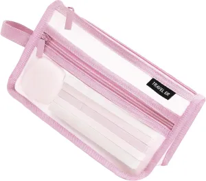 Pencil Case, Grid Mesh Pencil Pouch, Large Capacity Pink Pencil Bag, Clear Pencil Case with Handle and Zipper, 2-Layer Pen Case Aestheic Stationary Organizer Bag for Office Back to School Supplies