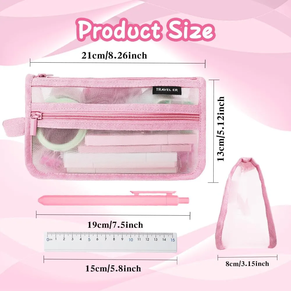 Pencil Case, Grid Mesh Pencil Pouch, Large Capacity Pink Pencil Bag, Clear Pencil Case with Handle and Zipper, 2-Layer Pen Case Aestheic Stationary Organizer Bag for Office Back to School Supplies