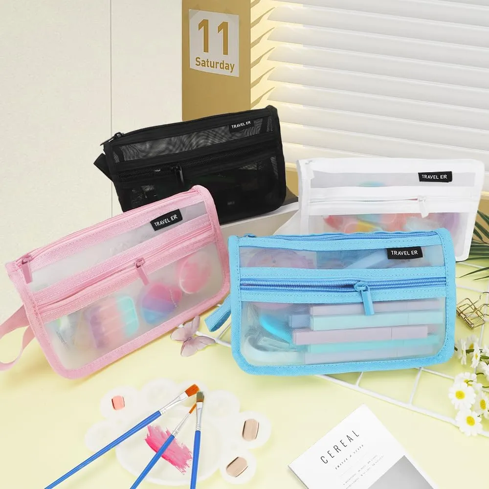 Pencil Case, Grid Mesh Pencil Pouch, Large Capacity Pink Pencil Bag, Clear Pencil Case with Handle and Zipper, 2-Layer Pen Case Aestheic Stationary Organizer Bag for Office Back to School Supplies