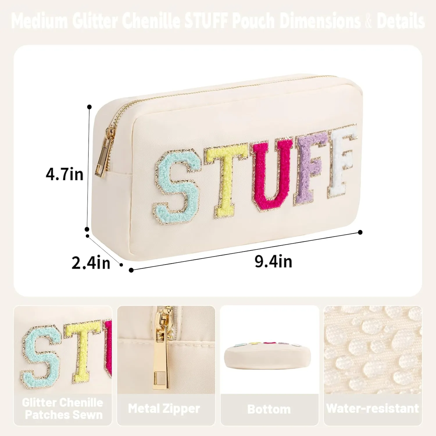 Preppy Stuff Makeup Bag for Purse Medium Glitter Chenille Cosmetic Pouch Travel Toiletry Bag for Women with Zipper Pocket (M, Beige-Stuff)