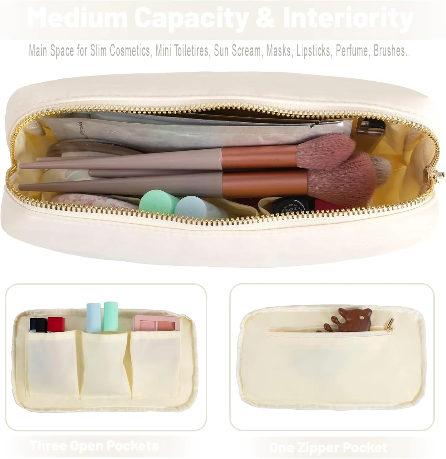 Preppy Stuff Makeup Bag for Purse Medium Glitter Chenille Cosmetic Pouch Travel Toiletry Bag for Women with Zipper Pocket (M, Beige-Stuff)