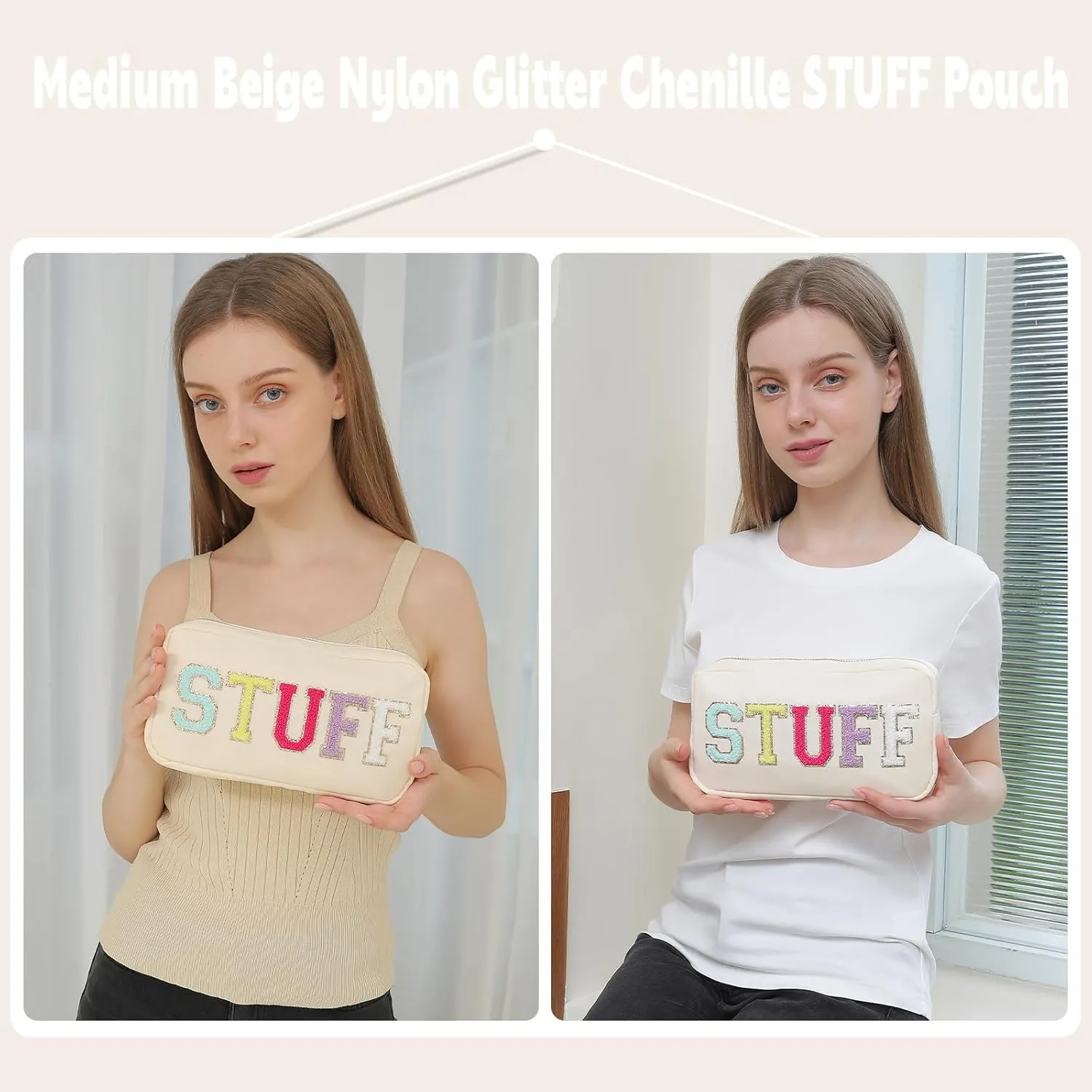Preppy Stuff Makeup Bag for Purse Medium Glitter Chenille Cosmetic Pouch Travel Toiletry Bag for Women with Zipper Pocket (M, Beige-Stuff)