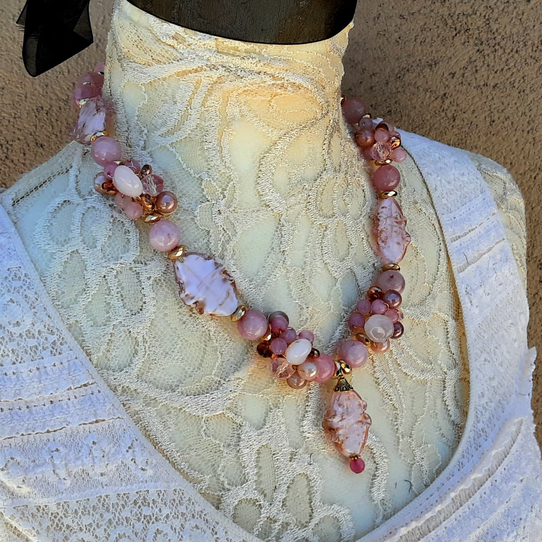 Rose Quartz Statement Necklace - Murano Glass Gift for Her - Perfect Mother of the Bride Jewelry