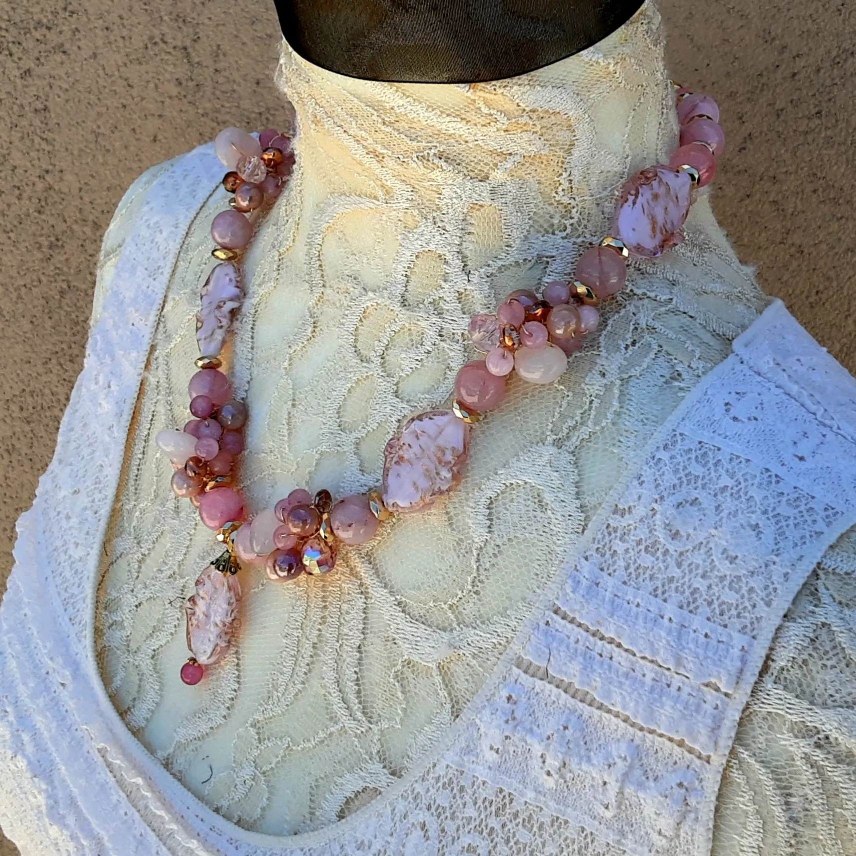 Rose Quartz Statement Necklace - Murano Glass Gift for Her - Perfect Mother of the Bride Jewelry