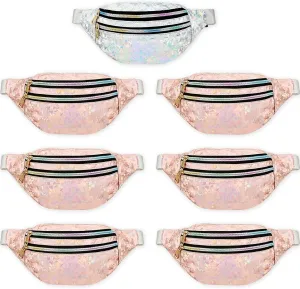 Saintrygo 7 Pack Bachelorette Fanny Pack Holographic Fanny Pack Bride Bridesmaid Waist Bag for Wedding Bachelorette Party(Silver, Champagne)