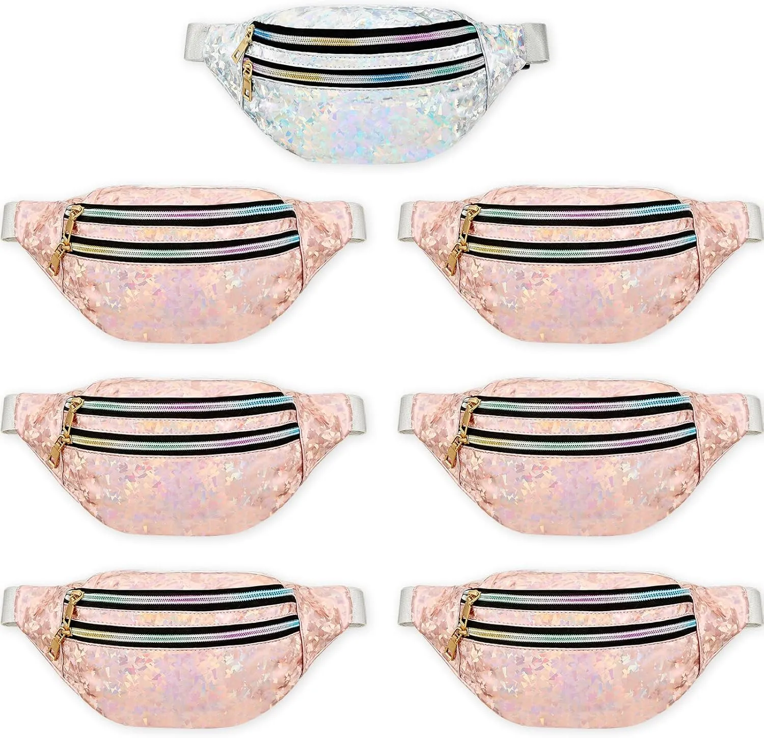 Saintrygo 7 Pack Bachelorette Fanny Pack Holographic Fanny Pack Bride Bridesmaid Waist Bag for Wedding Bachelorette Party(Silver, Champagne)