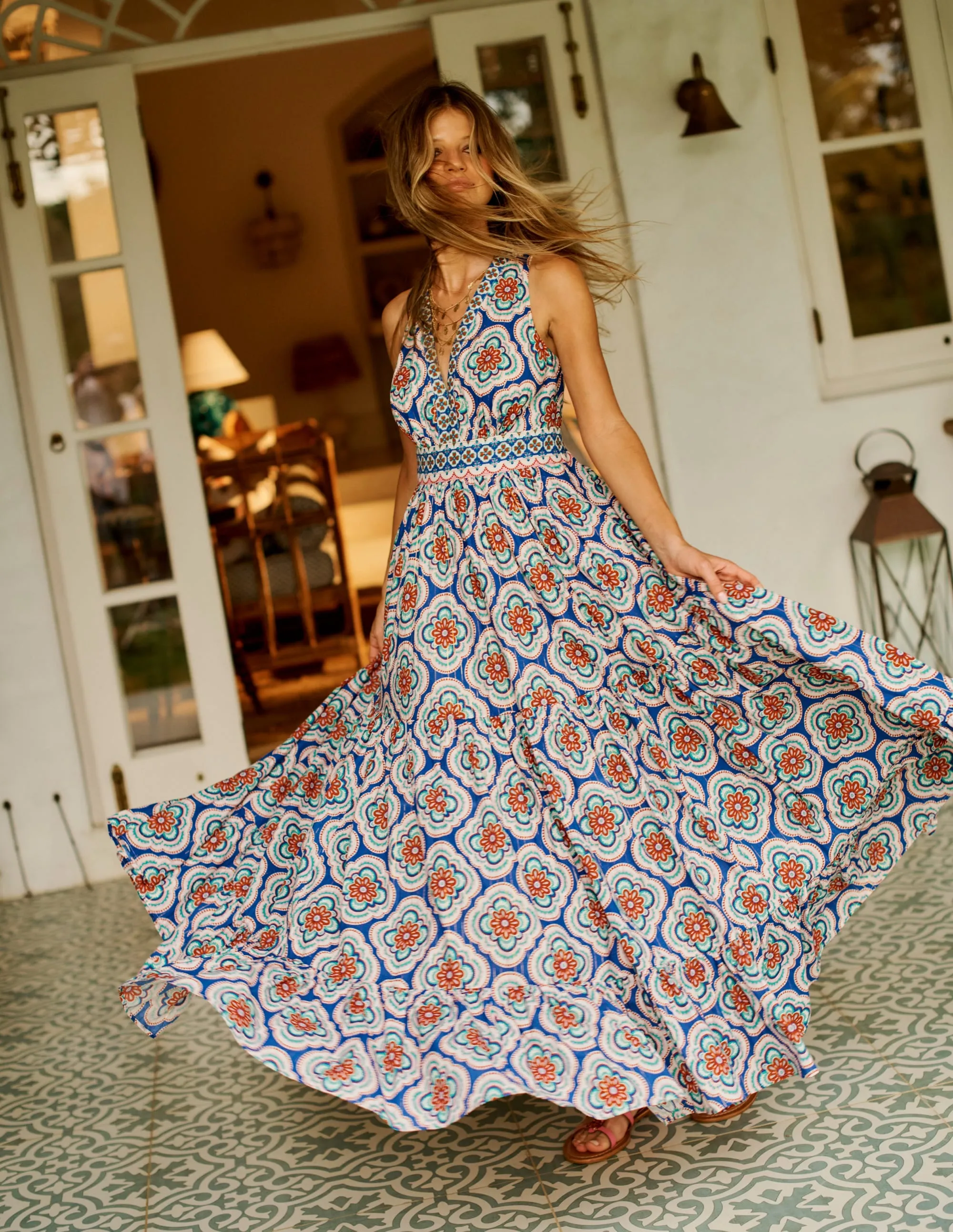 Serena Cotton Tie Maxi Dress-Bright Blue, Botanic Blush