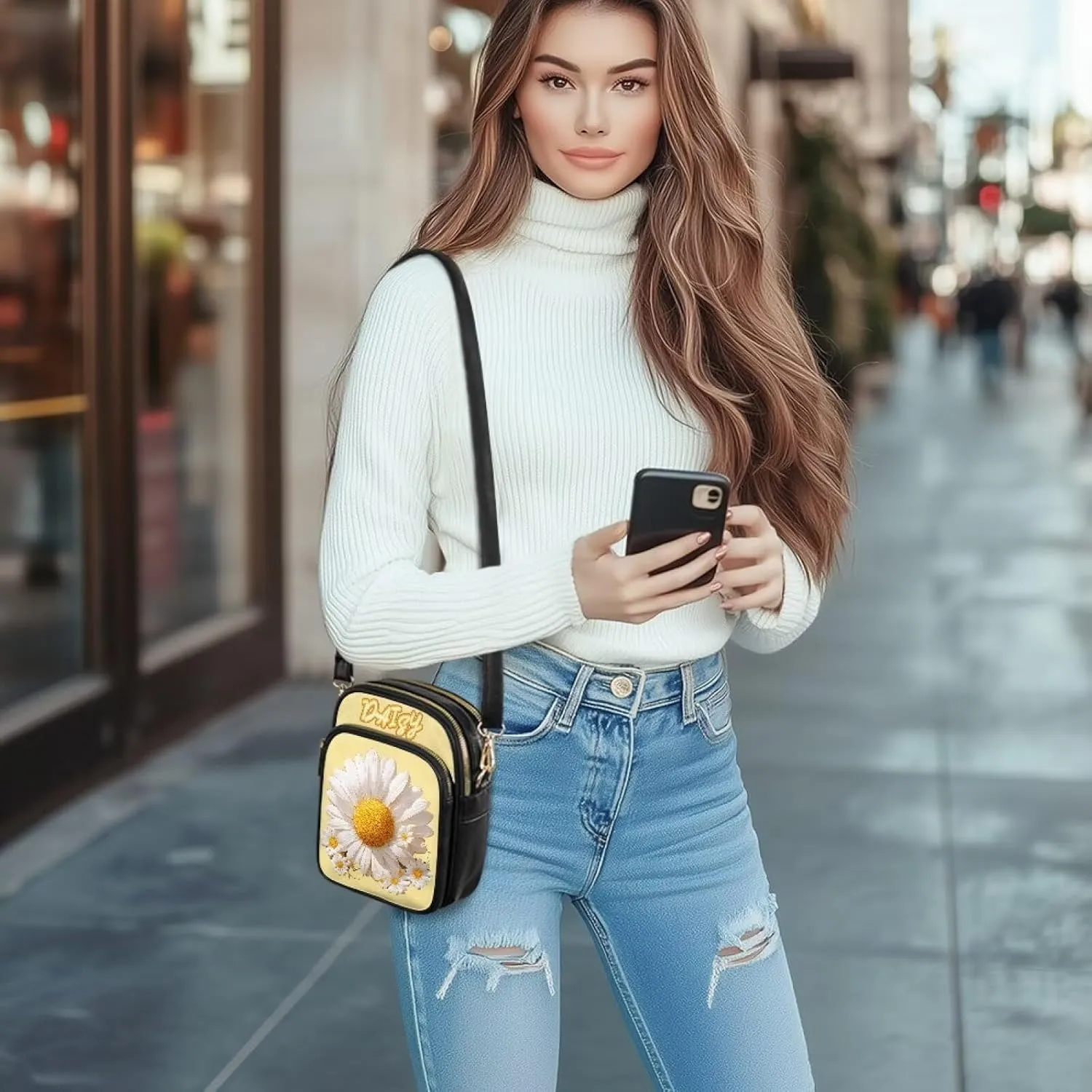 Small Crossbody Bags for Women, Daisy Sunflowers Cross Over Purse PU Leather Shoulder Handbags for Travel, Work