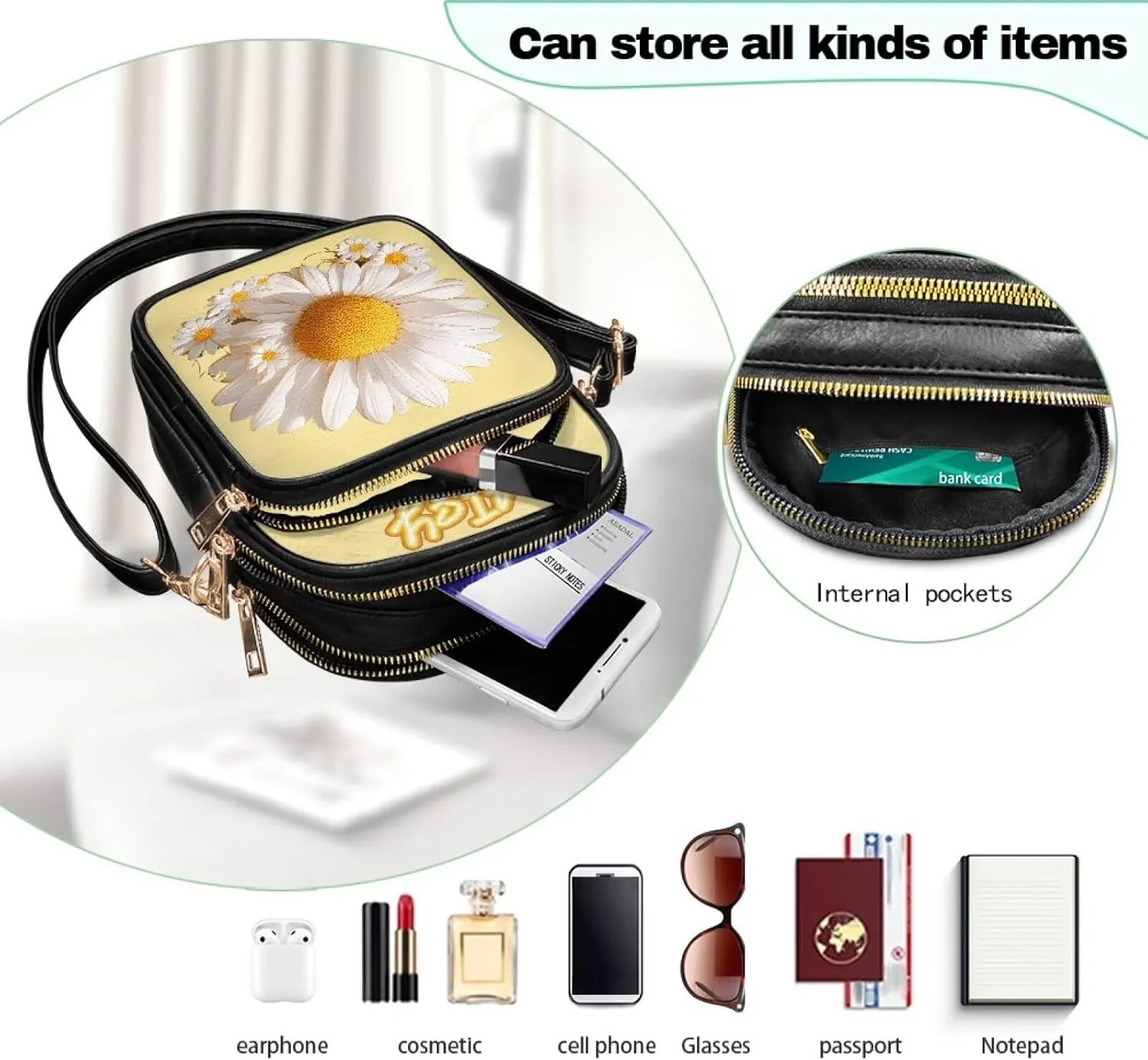 Small Crossbody Bags for Women, Daisy Sunflowers Cross Over Purse PU Leather Shoulder Handbags for Travel, Work