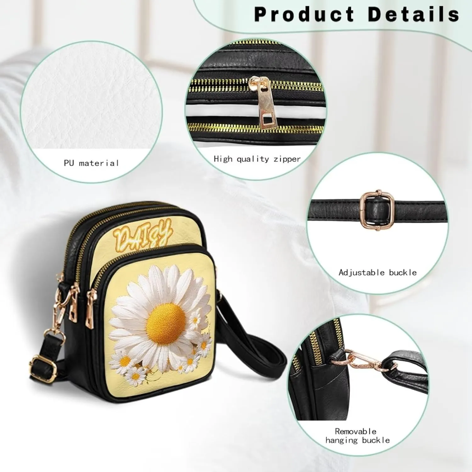 Small Crossbody Bags for Women, Daisy Sunflowers Cross Over Purse PU Leather Shoulder Handbags for Travel, Work