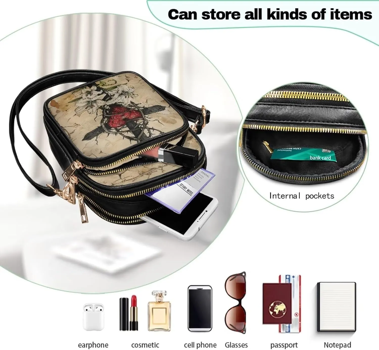 Small Crossbody Bags for Women, Daisy Sunflowers Cross Over Purse PU Leather Shoulder Handbags for Travel, Work