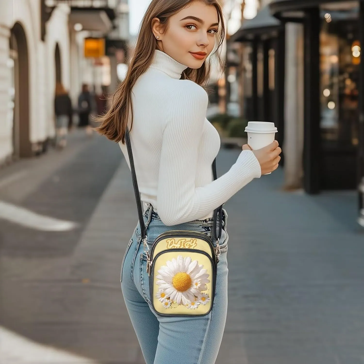 Small Crossbody Bags for Women, Daisy Sunflowers Cross Over Purse PU Leather Shoulder Handbags for Travel, Work