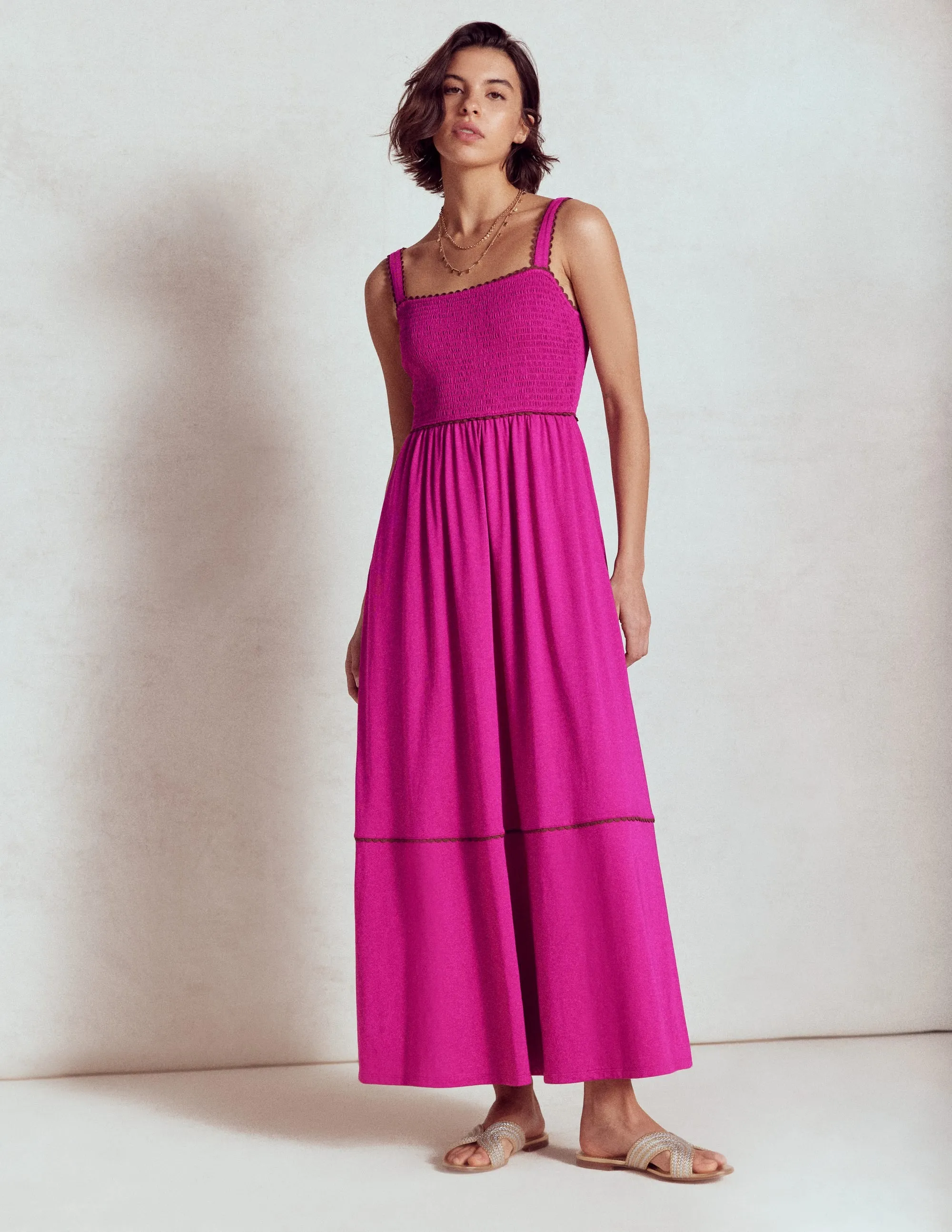 Smocked Trim Maxi Dress-Fuchsia
