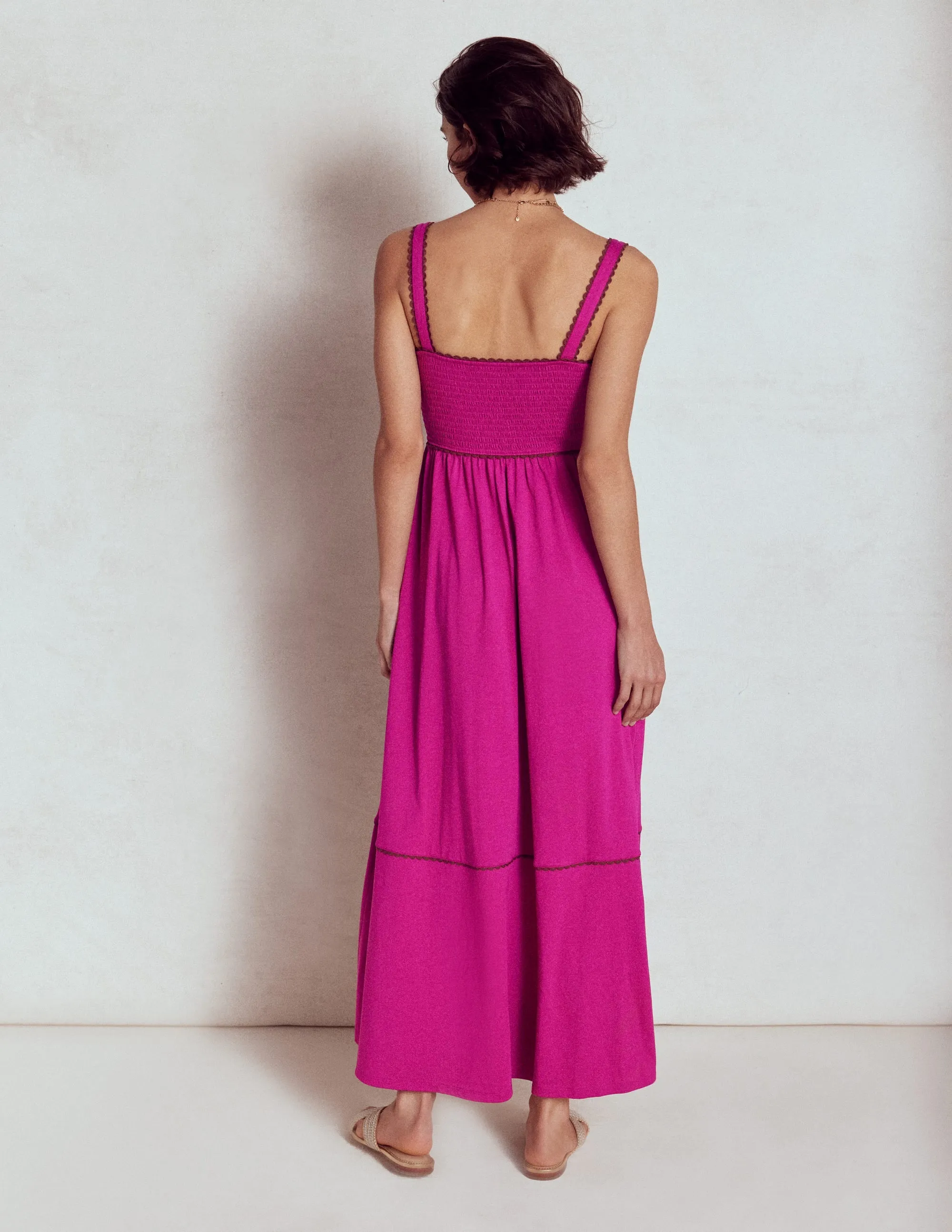 Smocked Trim Maxi Dress-Fuchsia