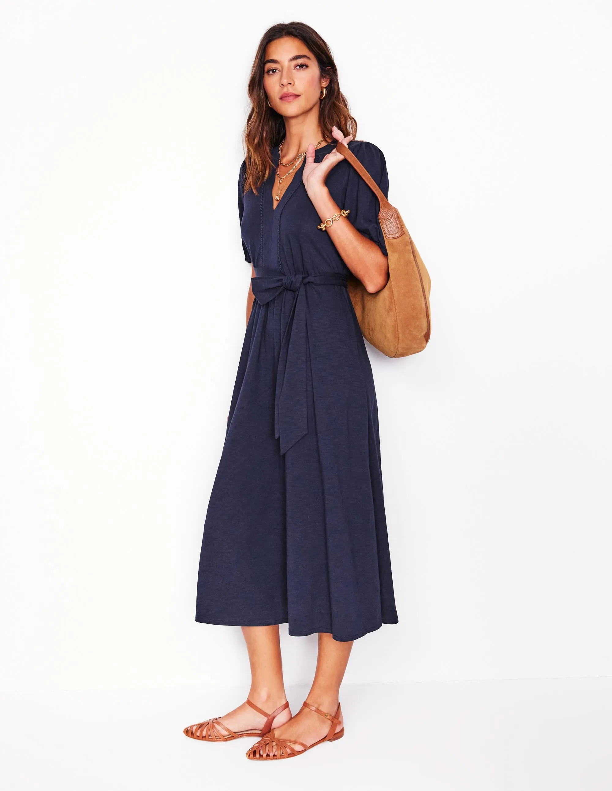 Sofia Trim Jersey Midi Dress-Navy