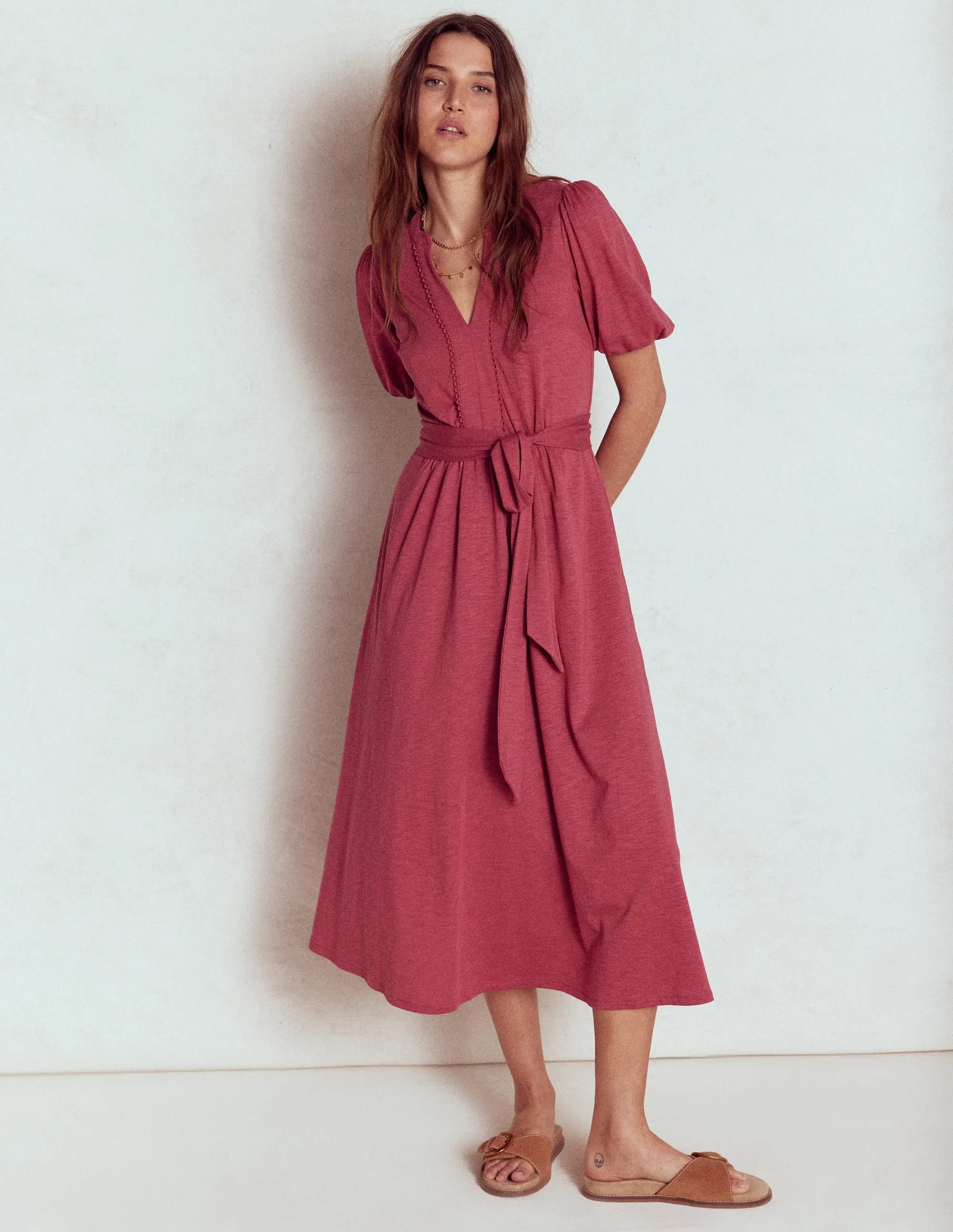 Sofia Trim Jersey Midi Dress-Terracotta Red