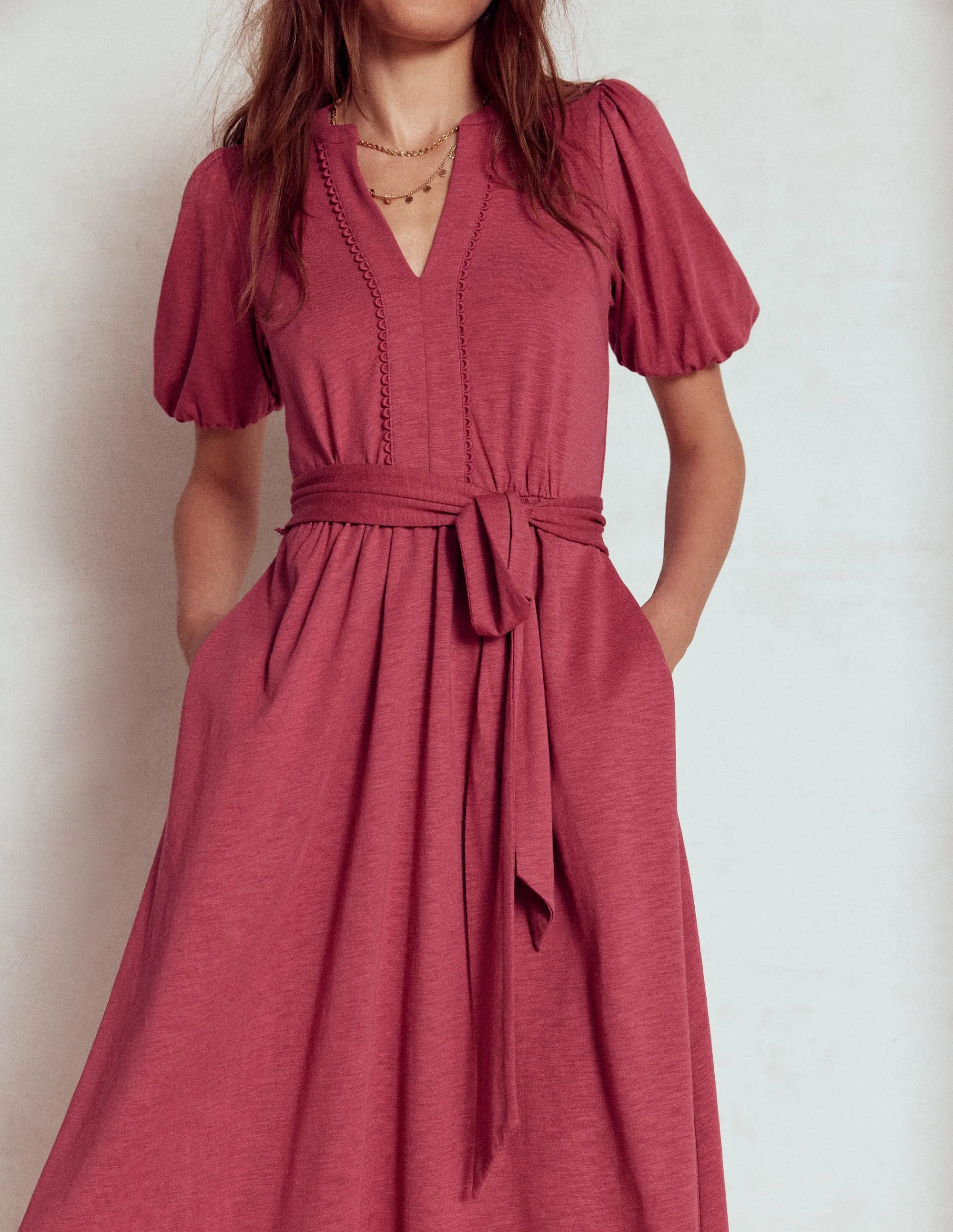 Sofia Trim Jersey Midi Dress-Terracotta Red