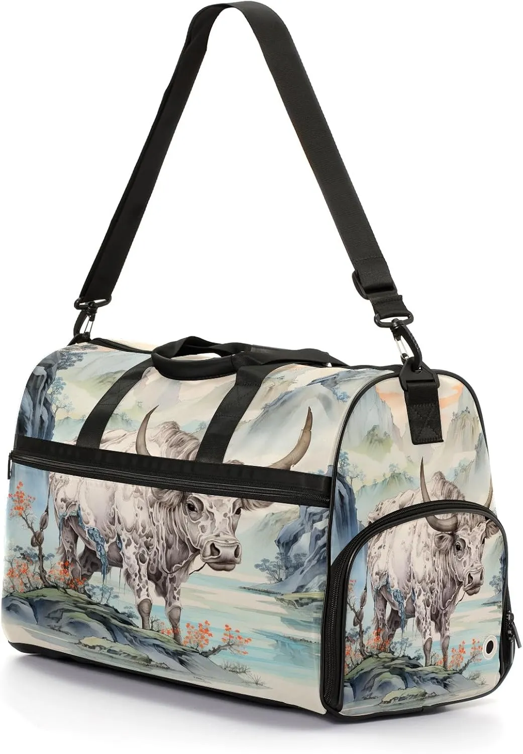 Sports Gym Bag for Women, Sport Duffle Workout Bags with Shoe Compartment, Small Womens Gym Bags, Chinese Painting Cow - 3