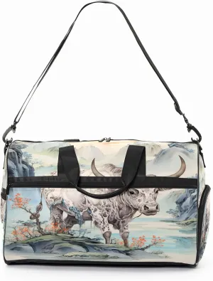 Sports Gym Bag for Women, Sport Duffle Workout Bags with Shoe Compartment, Small Womens Gym Bags, Chinese Painting Cow - 3