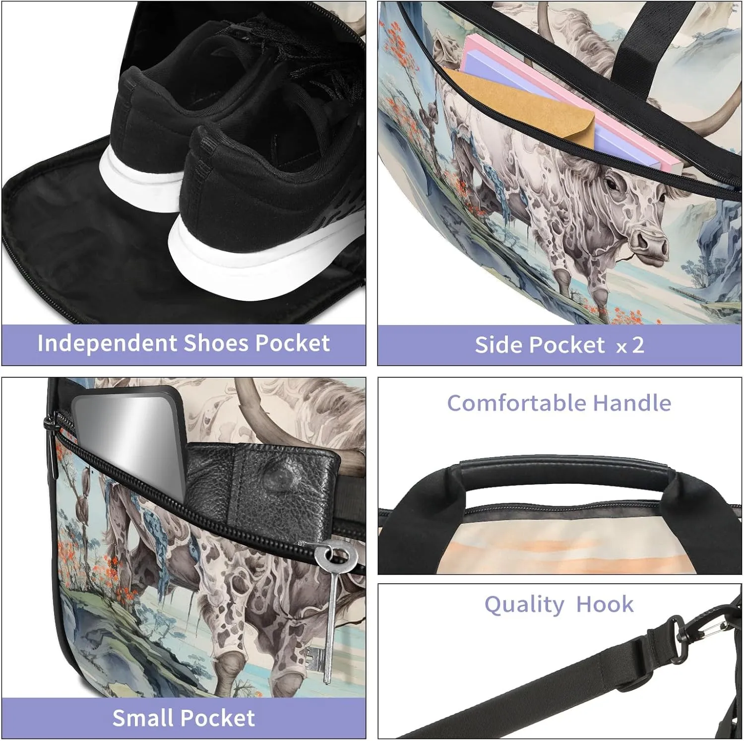 Sports Gym Bag for Women, Sport Duffle Workout Bags with Shoe Compartment, Small Womens Gym Bags, Chinese Painting Cow - 3