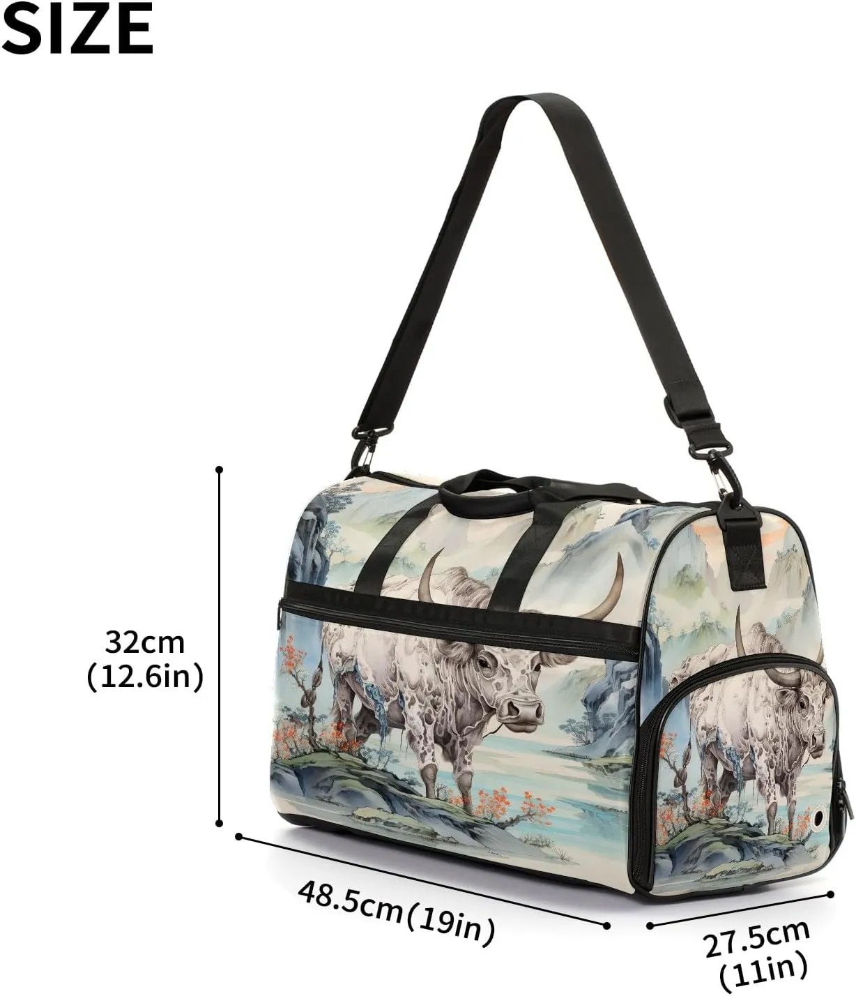 Sports Gym Bag for Women, Sport Duffle Workout Bags with Shoe Compartment, Small Womens Gym Bags, Chinese Painting Cow - 3