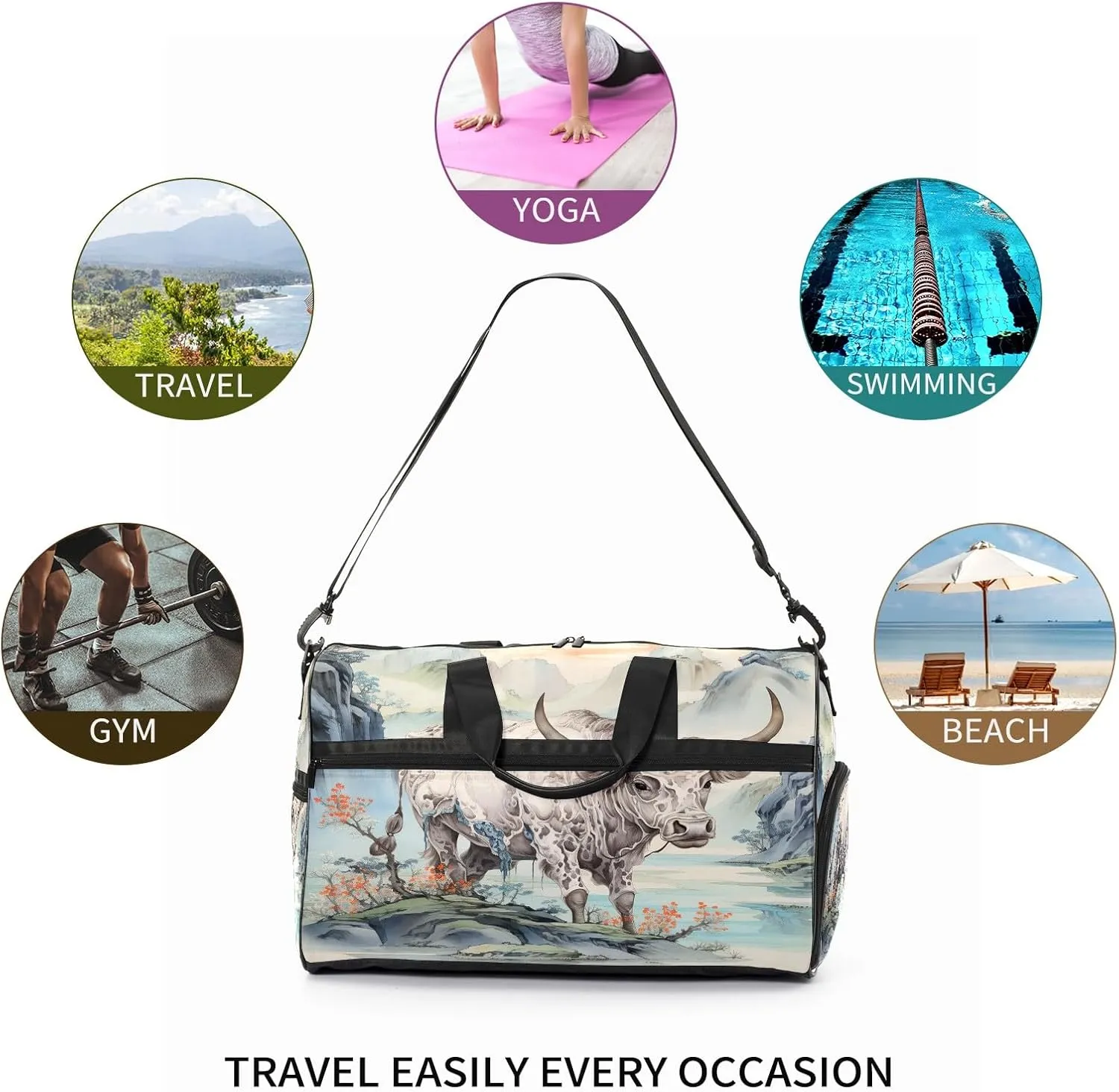 Sports Gym Bag for Women, Sport Duffle Workout Bags with Shoe Compartment, Small Womens Gym Bags, Chinese Painting Cow - 3