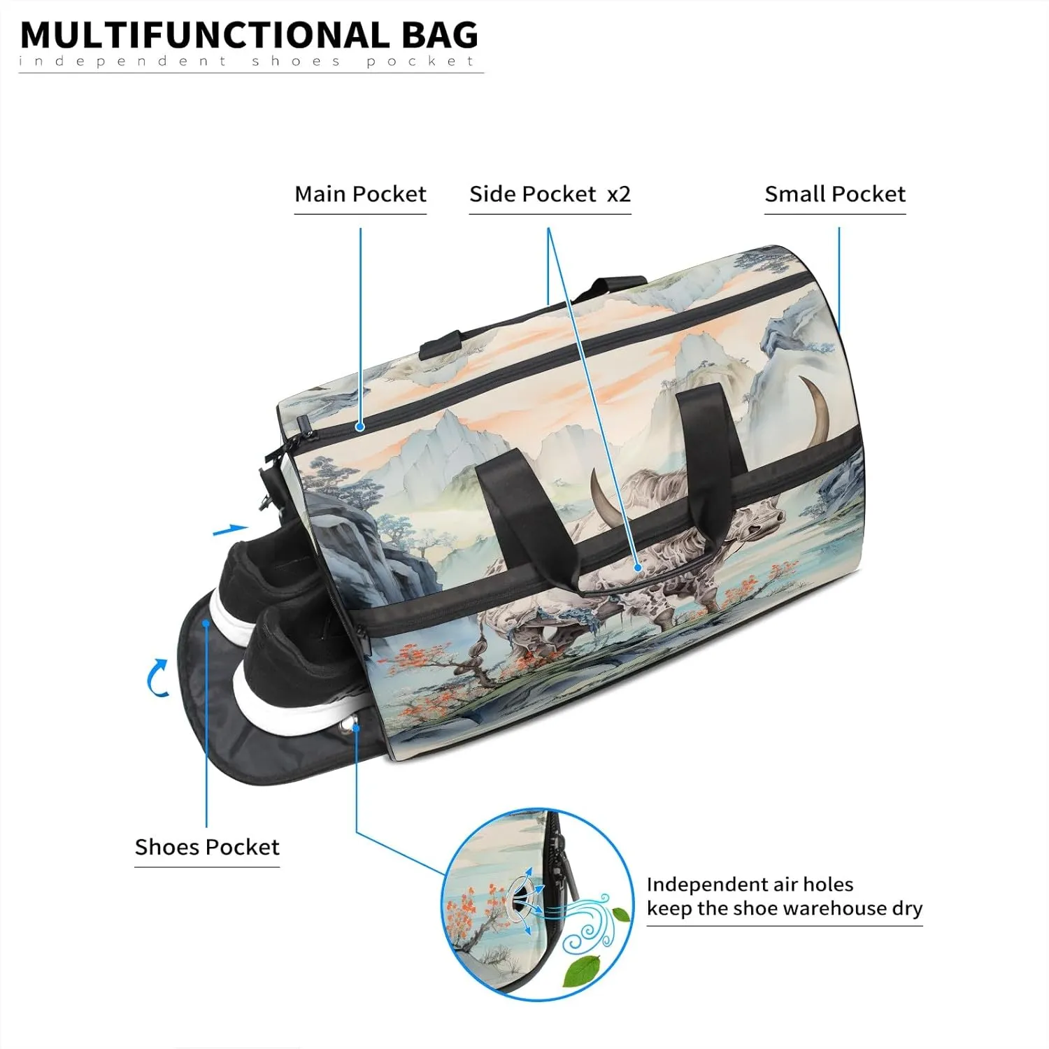 Sports Gym Bag for Women, Sport Duffle Workout Bags with Shoe Compartment, Small Womens Gym Bags, Chinese Painting Cow - 3