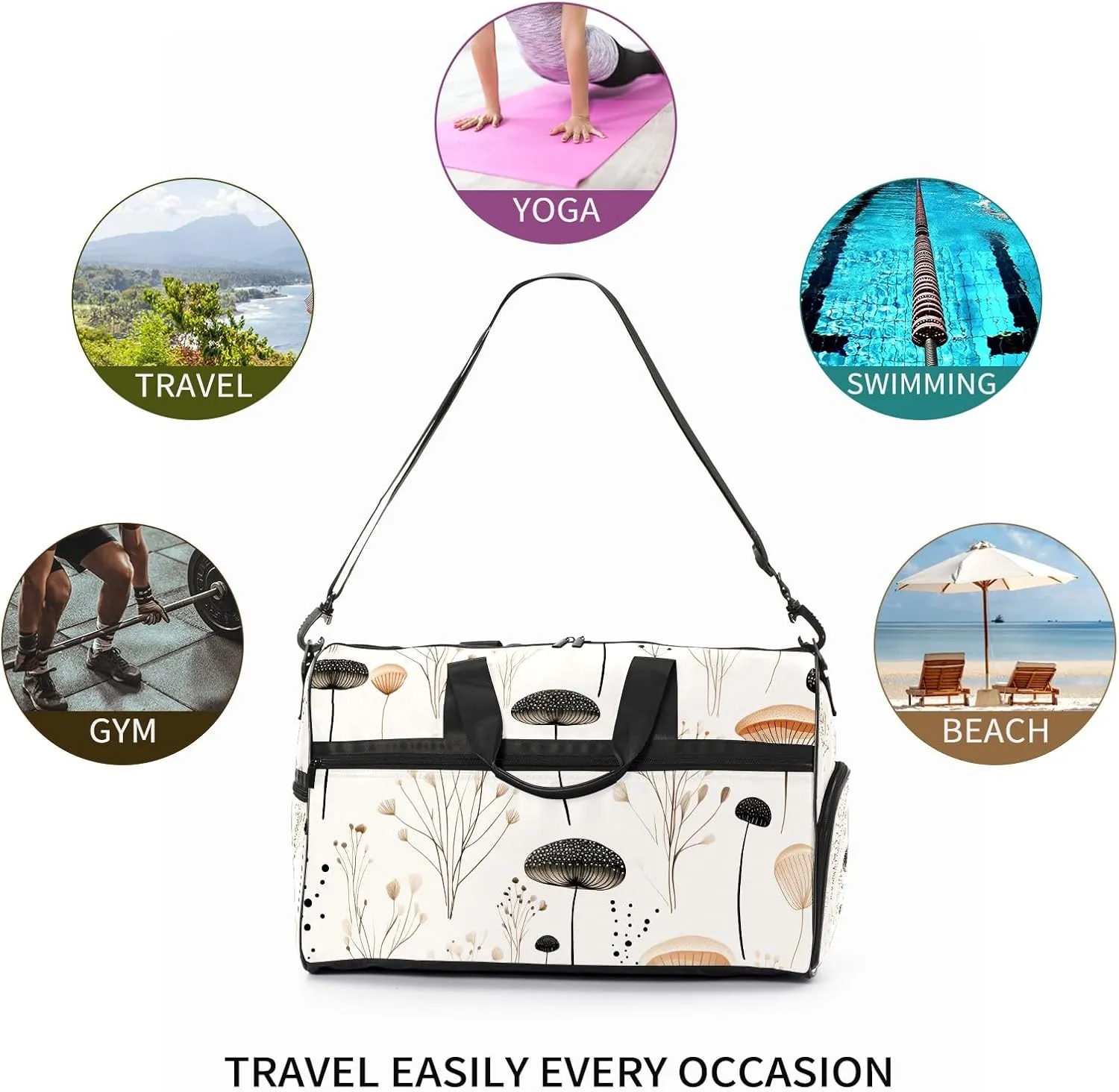 Sports Gym Bag for Women, Sport Duffle Workout Bags with Shoe Compartment, Small Womens Gym Bags, Chinese Painting Mushroom - 1