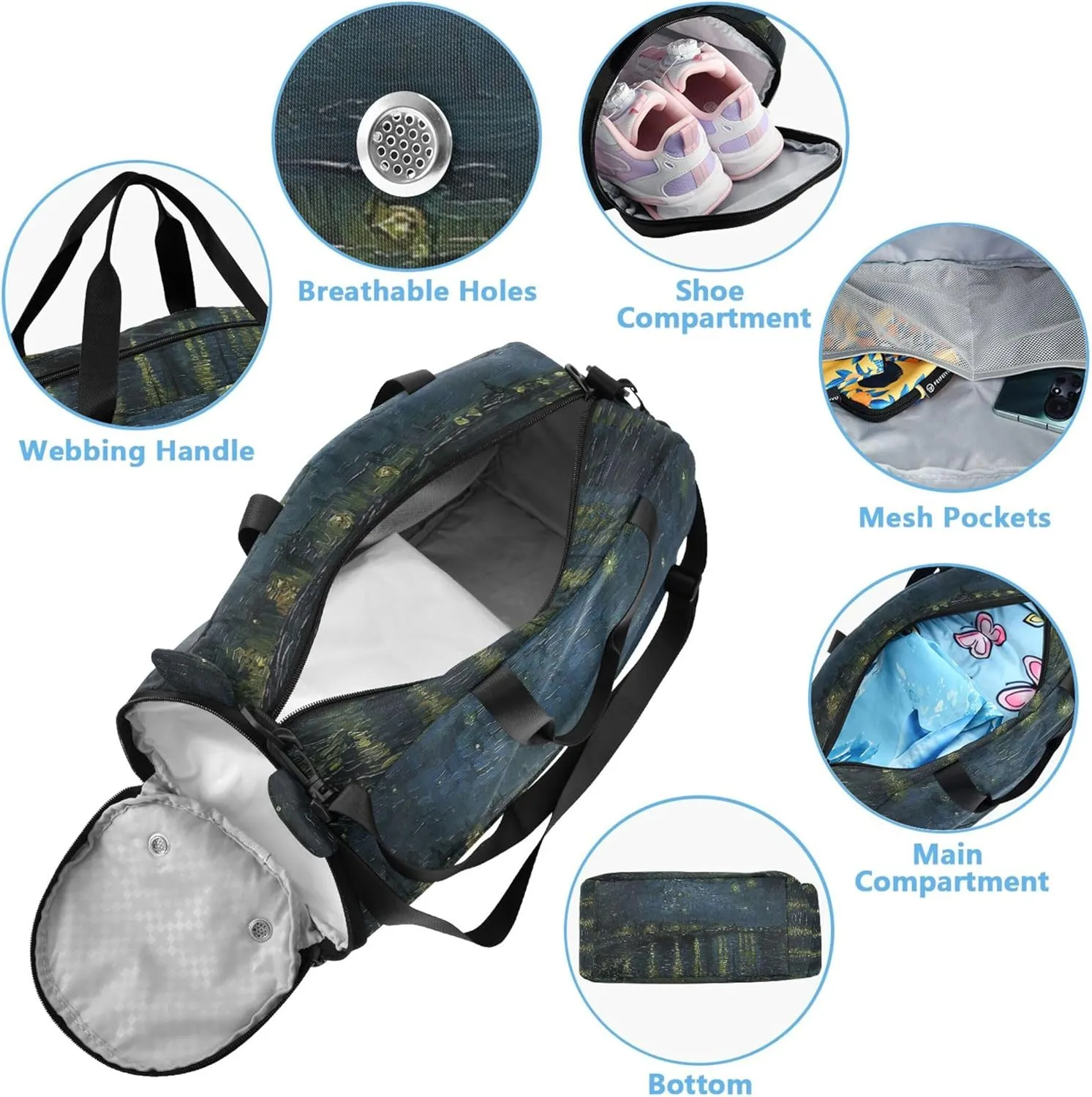 Starry Night Vangogh Prints Girls Duffle Bags for Travel Weekend Duffel Overnight with Shoulder Strap Carry on Duffel Bag Boys