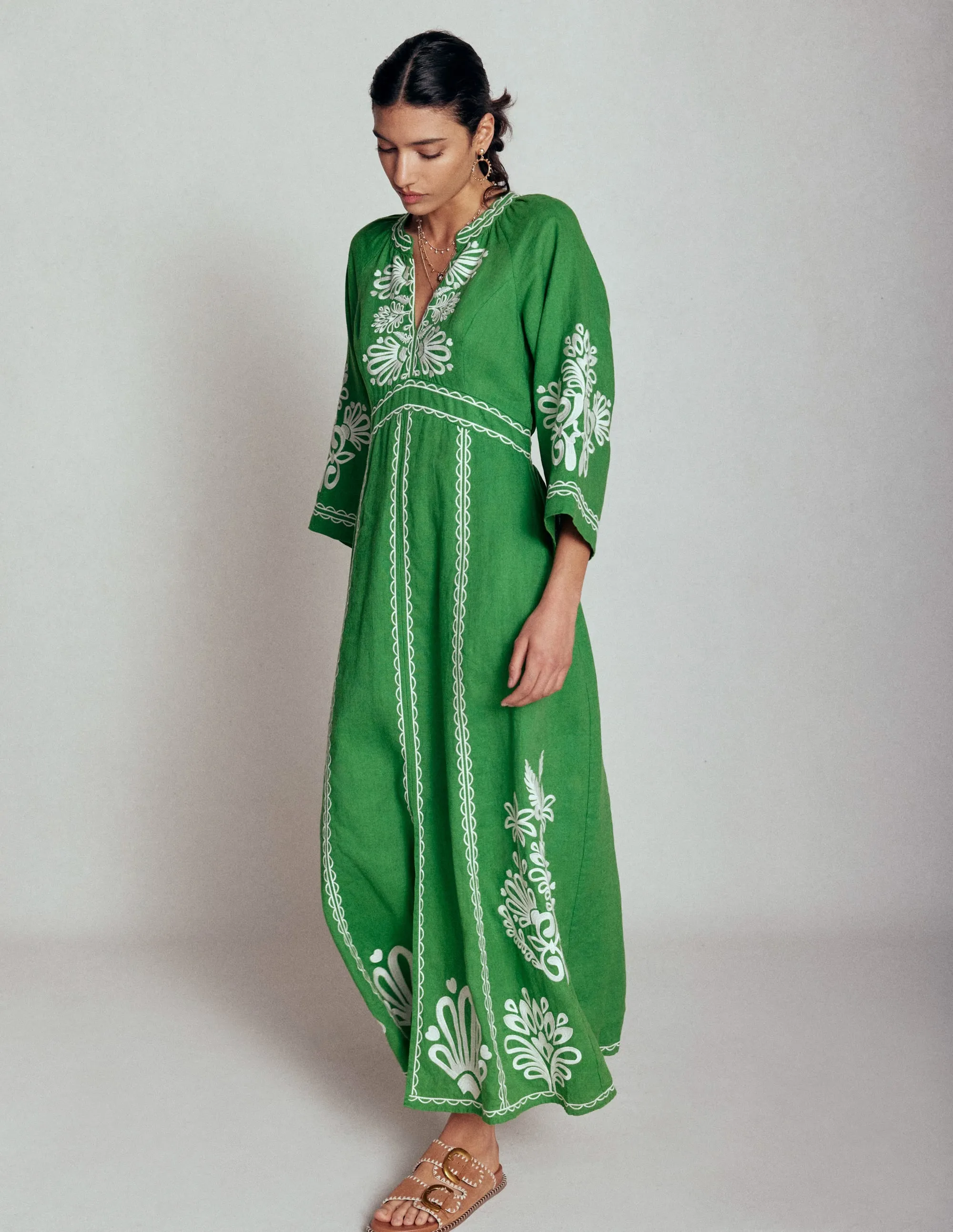 Una Linen Embroidered Dress-Paradise Green