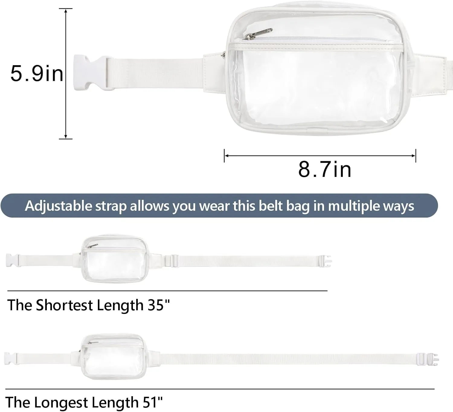 Veckle Clear Fanny Pack Stadium Approved - Clear Bag for Stadium Events Large Belt Bag for Women Transparent Waist Bag Crossbody with Adjustable Strap for Sports Concerts, White