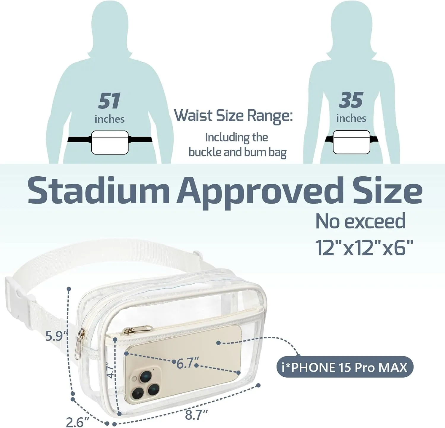 Veckle Clear Fanny Pack Stadium Approved - Clear Bag for Stadium Events Large Belt Bag for Women Transparent Waist Bag Crossbody with Adjustable Strap for Sports Concerts, White