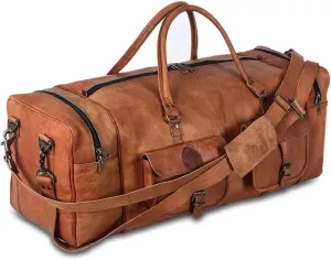 Vintage Leather Travel Duffel Bag, Large Weekender Overnight Bag with Multiple Pockets, Brown