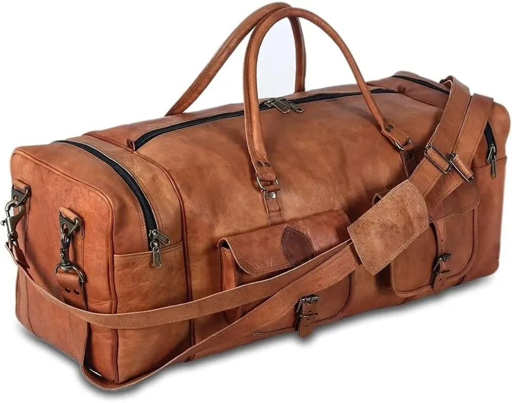 Vintage Leather Travel Duffel Bag, Large Weekender Overnight Bag with Multiple Pockets, Brown