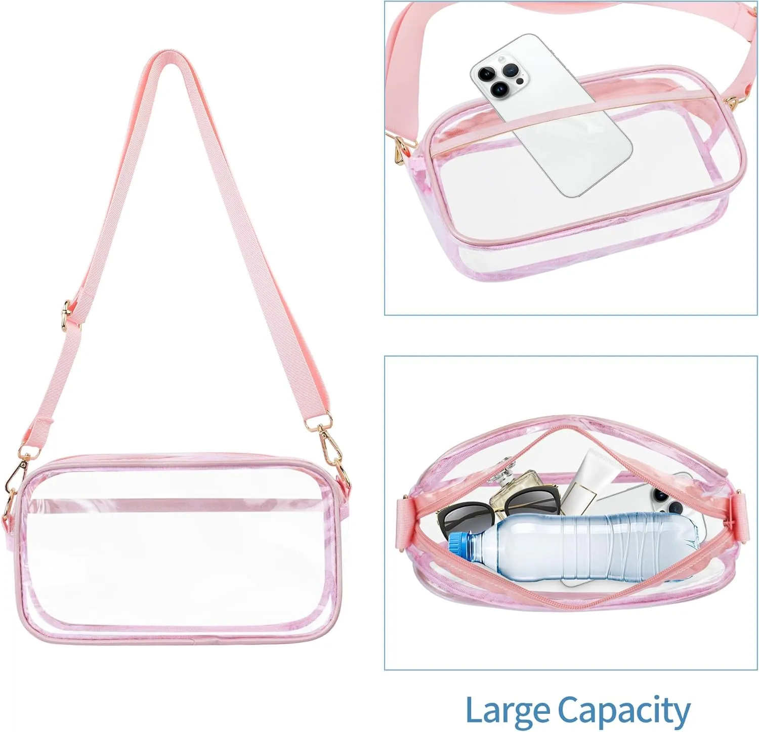 VOROLO Large Clear Crossbody Bag,Stadium Approved Small See Through Purse Handbag with Adjustable Shoulder Strap for Sports Pink
