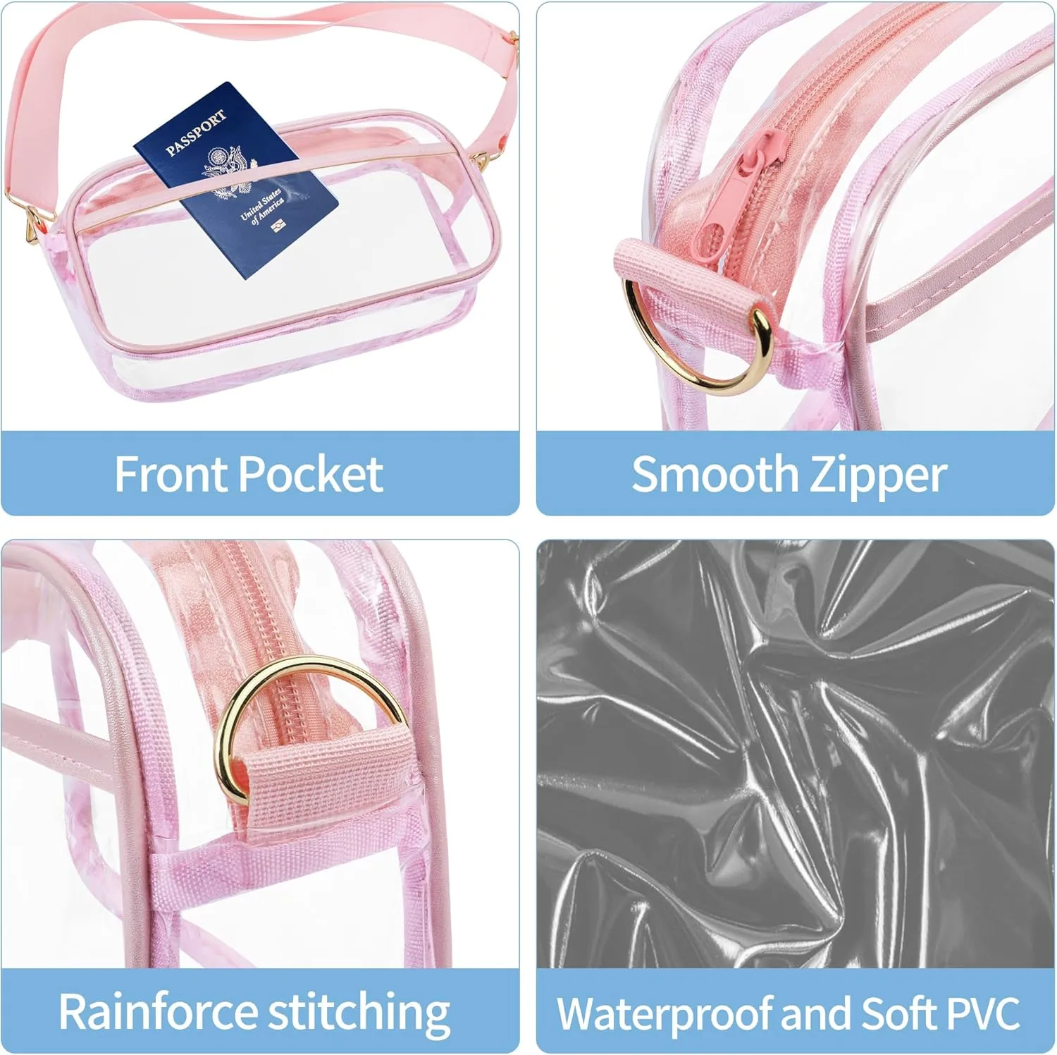 VOROLO Large Clear Crossbody Bag,Stadium Approved Small See Through Purse Handbag with Adjustable Shoulder Strap for Sports Pink