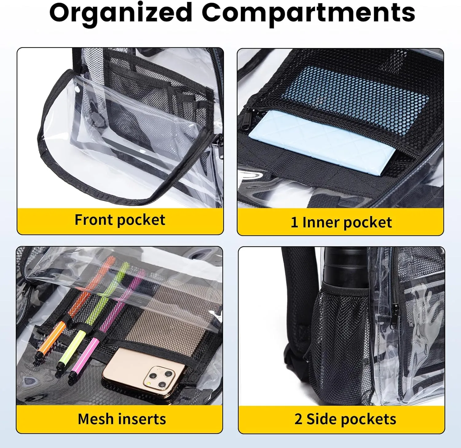 Vorspack Clear Backpack Heavy Duty PVC Transparent Backpack with Reinforced Strap for College Workplace - Black