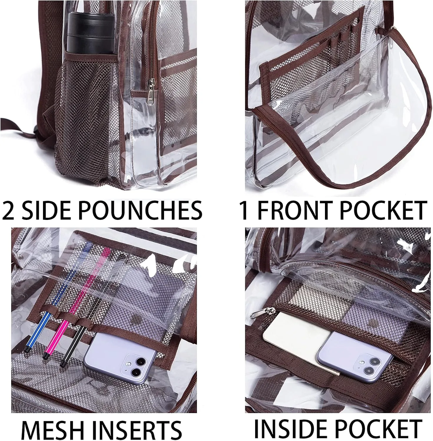 Vorspack Clear Backpack Heavy Duty PVC Transparent Backpack with Reinforced Strap for College Workplace - Coffee