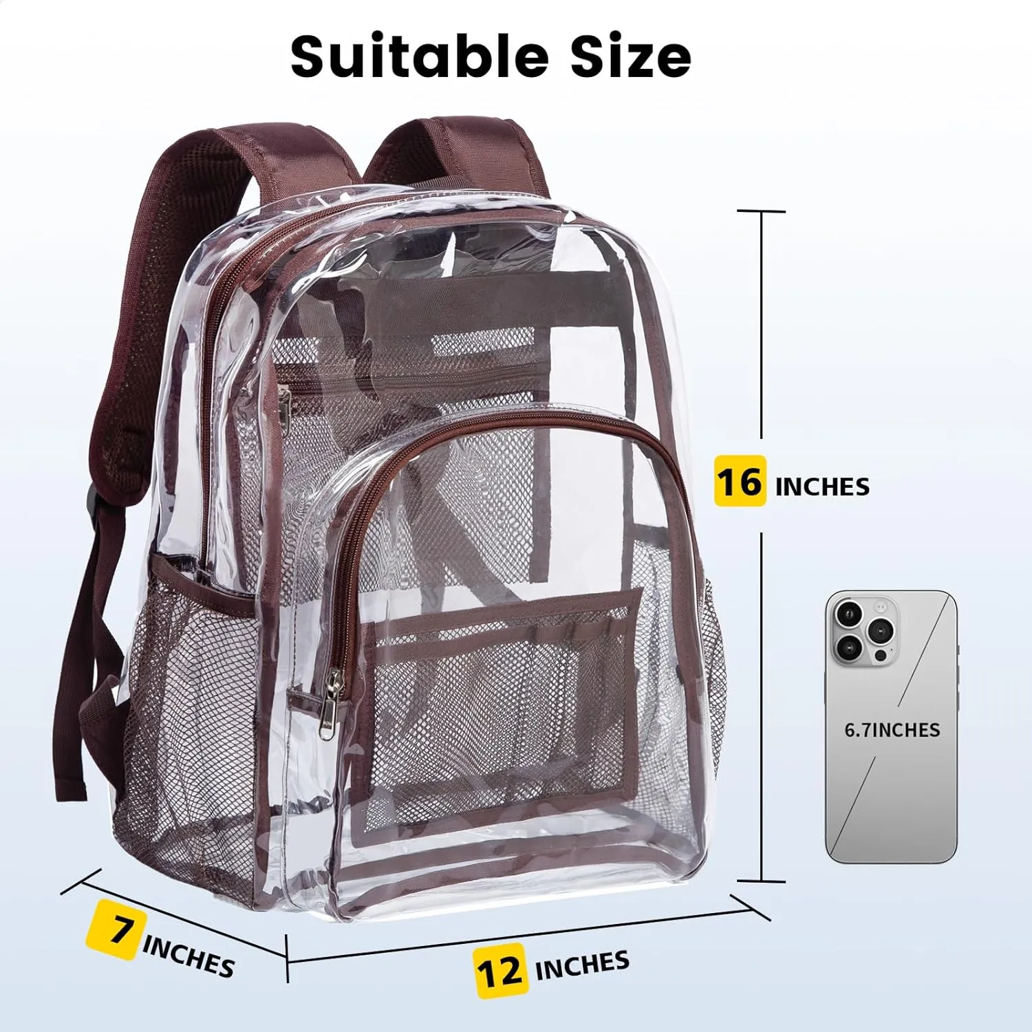 Vorspack Clear Backpack Heavy Duty PVC Transparent Backpack with Reinforced Strap for College Workplace - Coffee