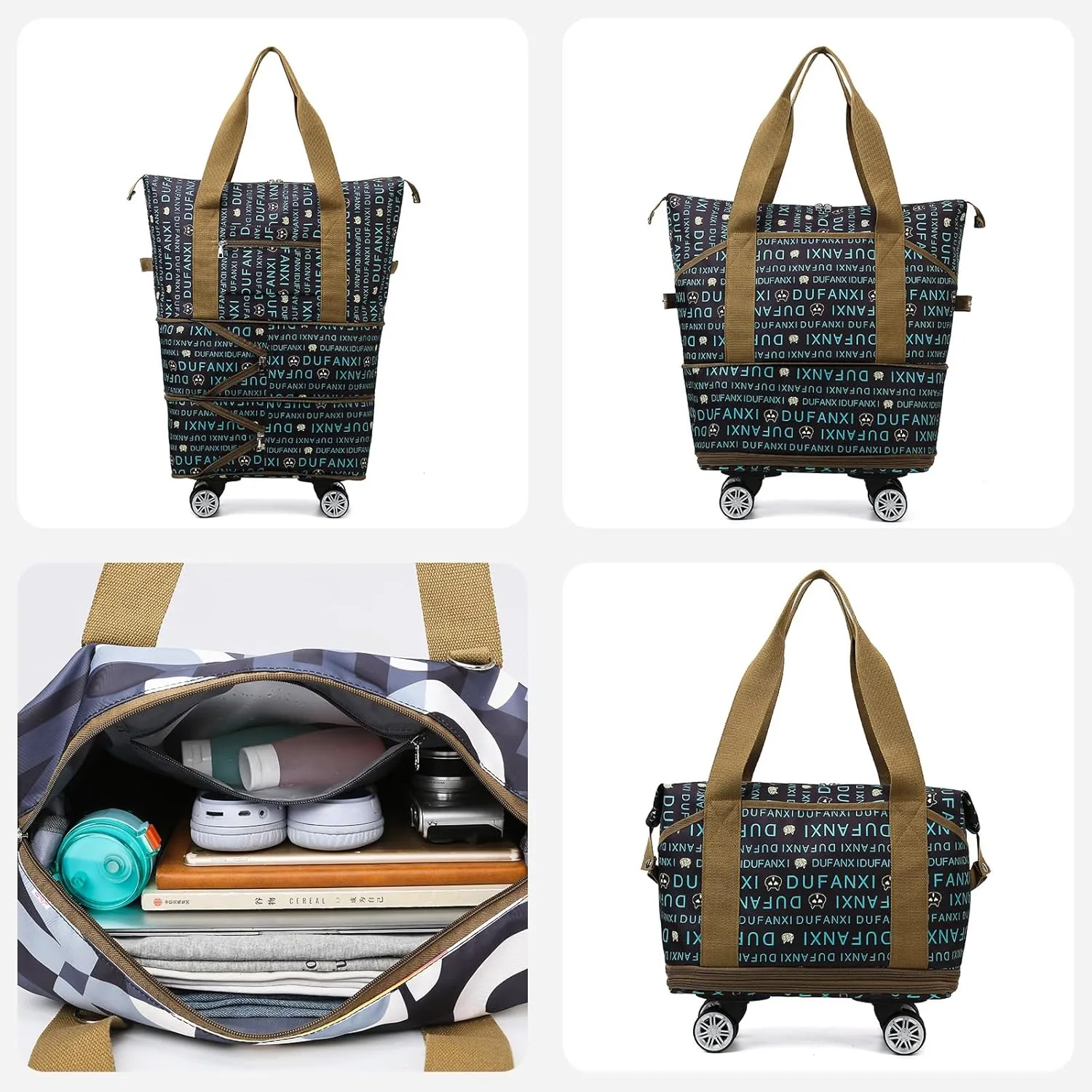 Wheeled Shopping Bag for Women  Expandable Travel Duffel with Shoulder Strap, Water-Resistant, Detachable Wheels, Dry-Wet Separation, Carry-On Tote
