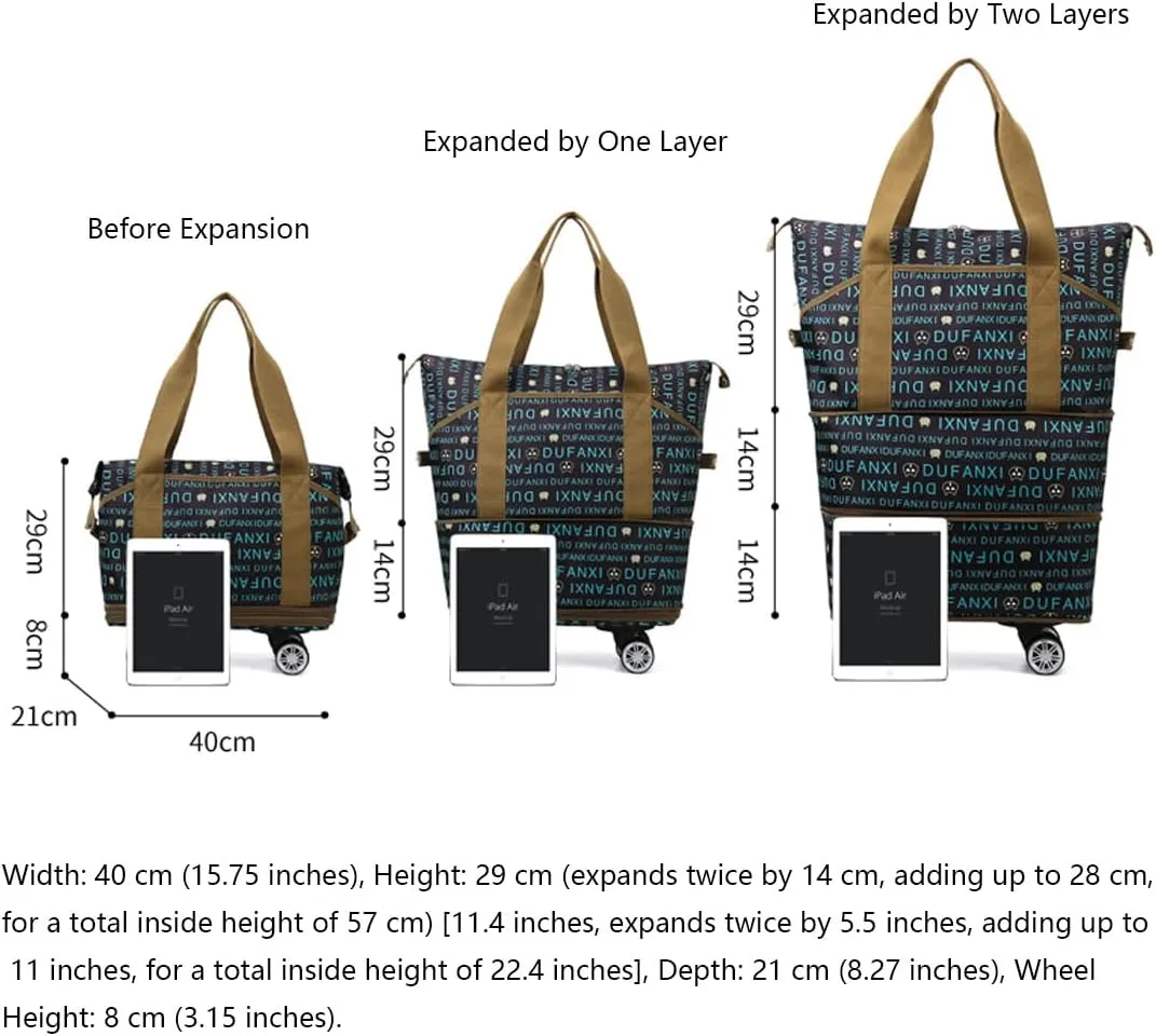 Wheeled Shopping Bag for Women  Expandable Travel Duffel with Shoulder Strap, Water-Resistant, Detachable Wheels, Dry-Wet Separation, Carry-On Tote