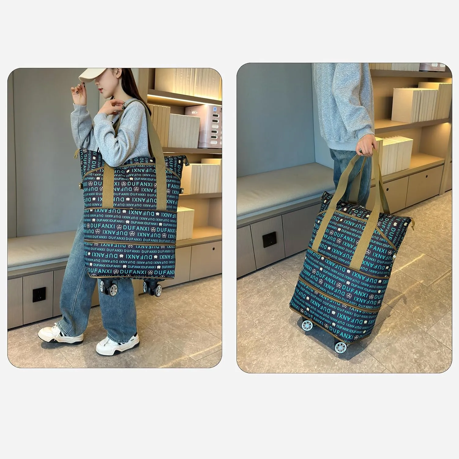 Wheeled Shopping Bag for Women  Expandable Travel Duffel with Shoulder Strap, Water-Resistant, Detachable Wheels, Dry-Wet Separation, Carry-On Tote