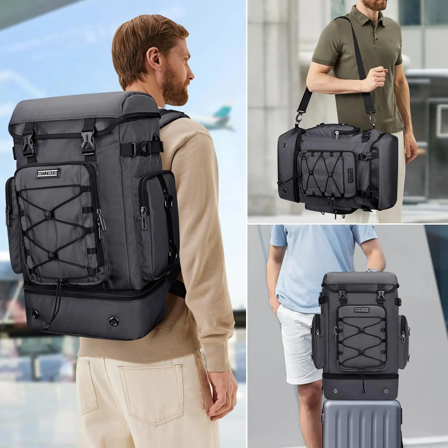 WITZMAN Travel Backpack for Men Women Carry on Bags for Airline Approved Convertible Duffle Luggage Backpack Shoe CompartmentB691 Silvery Grey