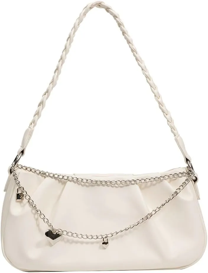 Women's Cloud Shoulder Bag Small PU Leather Totes Bag Fashion Pleated Purse Y2k Handbag Satchel with Chain