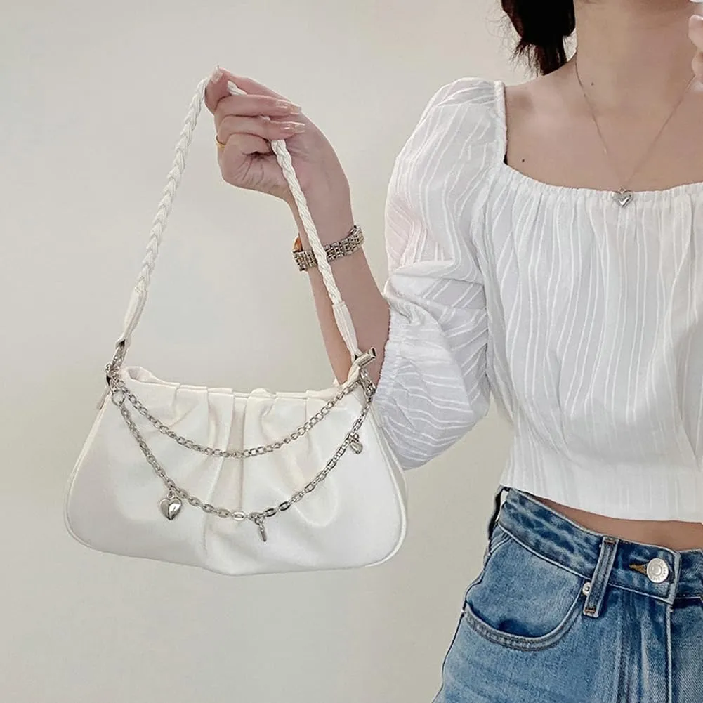 Women's Cloud Shoulder Bag Small PU Leather Totes Bag Fashion Pleated Purse Y2k Handbag Satchel with Chain