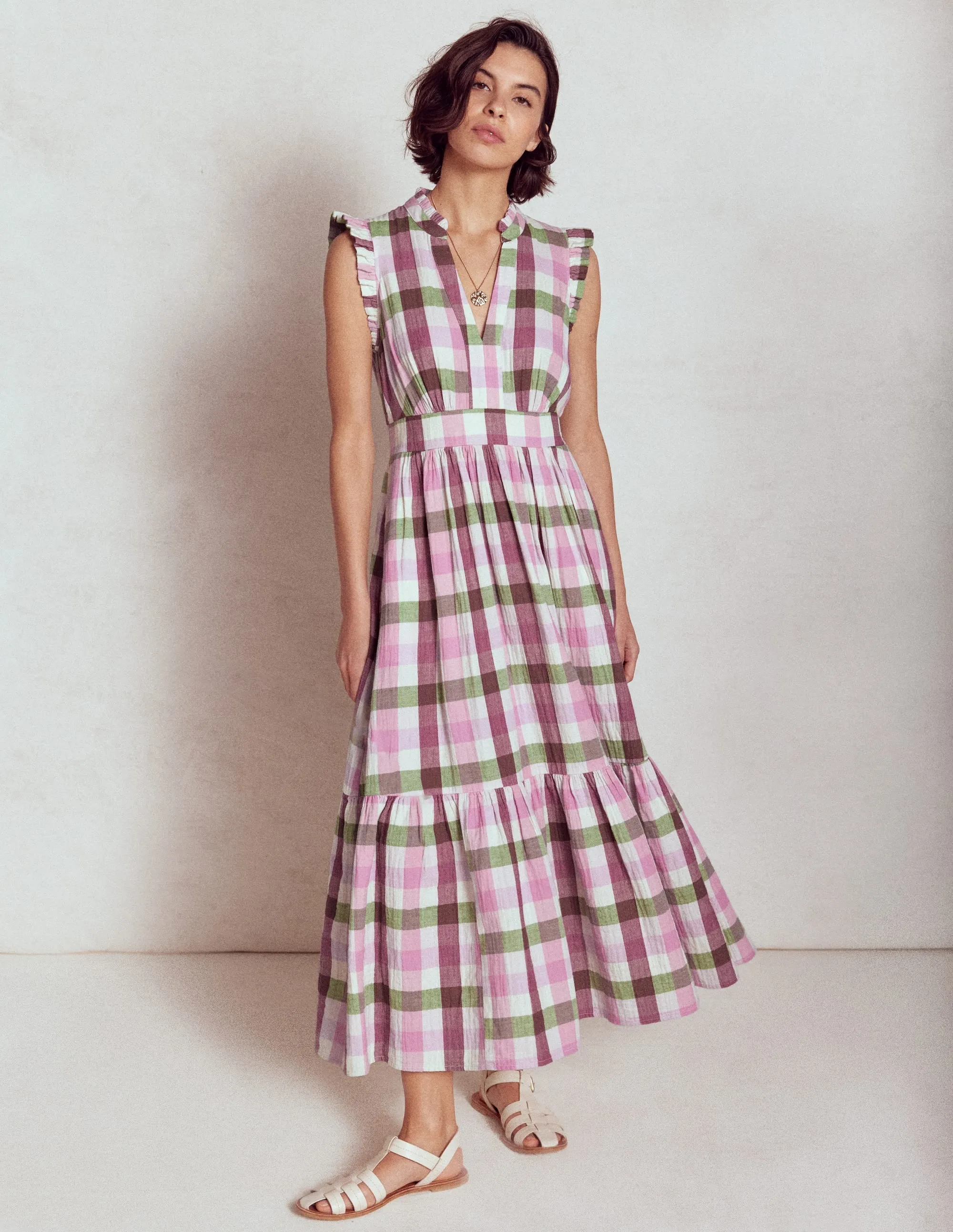 Wren Double Cloth Midi Dress-Pink and Green Multigingham