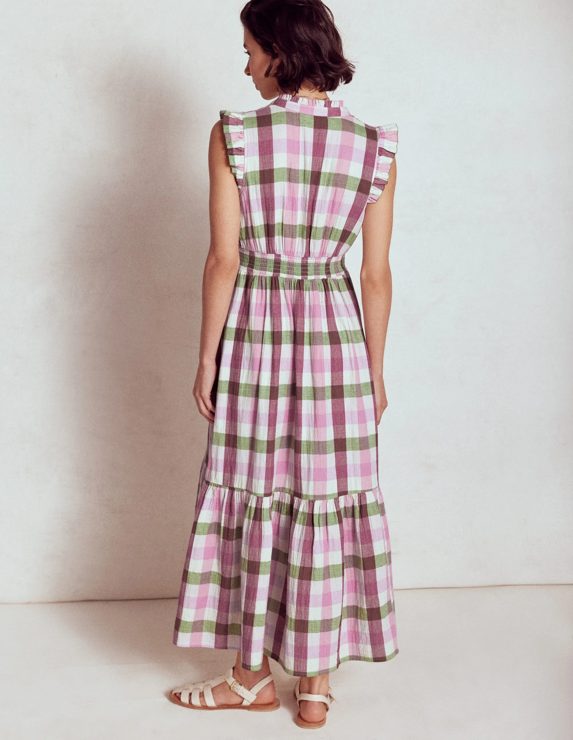 Wren Double Cloth Midi Dress-Pink and Green Multigingham